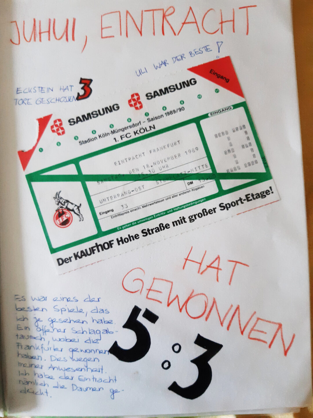 Diese Bundesliga-Eintrittskarte hat Schwester Rut noch heute: Der "FC" verliert am 18.11. 1989 mit 3:5 gegen Frankfurt.